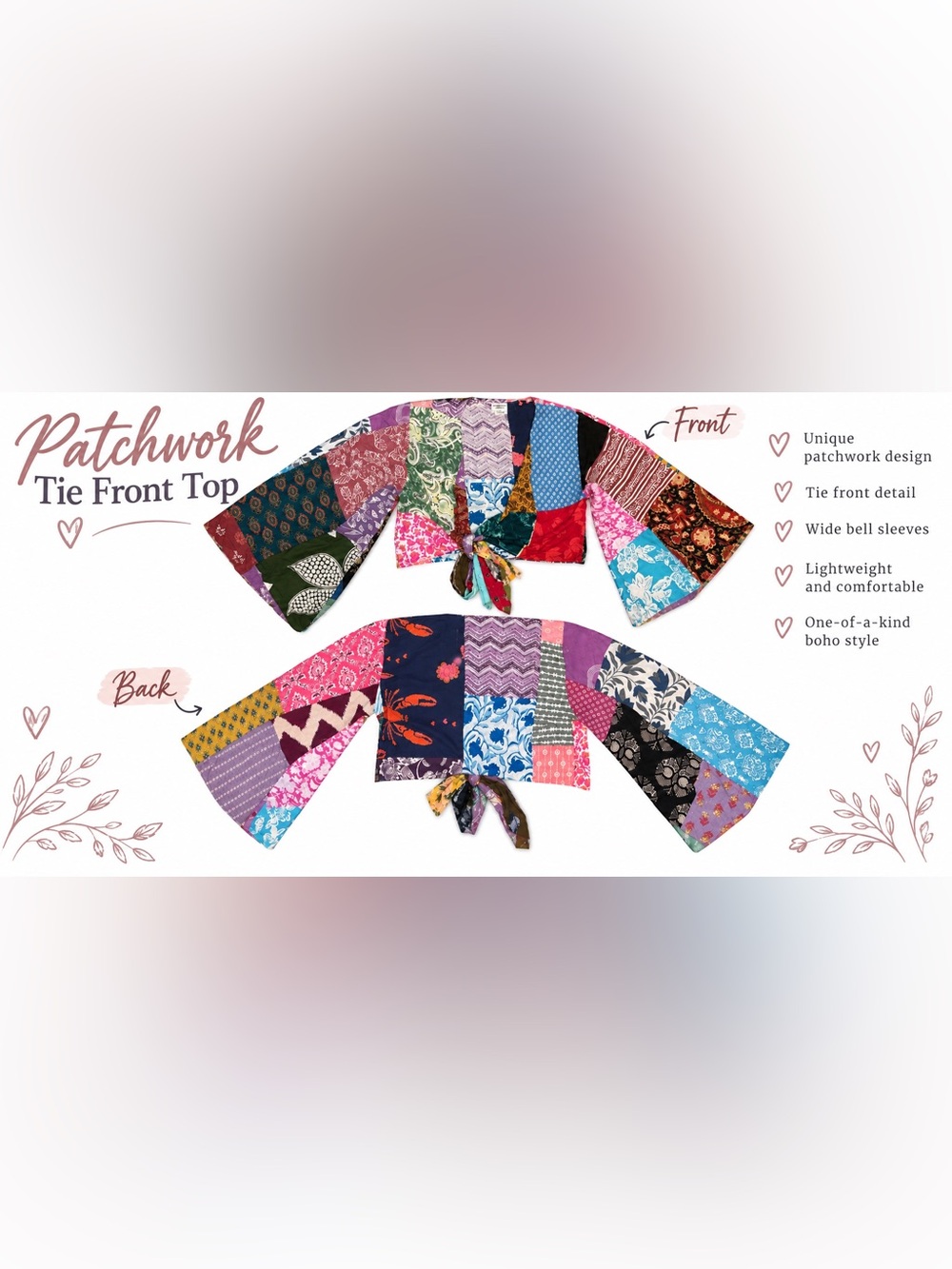 Kathmandu Imports Patchwork Tie Front Bell Sleeve Boho Crop Top